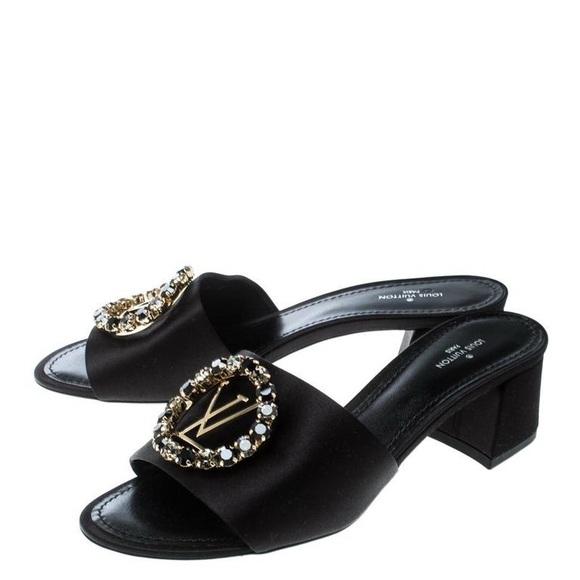 ❌SOLD❌ Louis Vuitton Black Satin Madeleine Slide Mule Sandals Size 38.5 - Picture 1 of 10